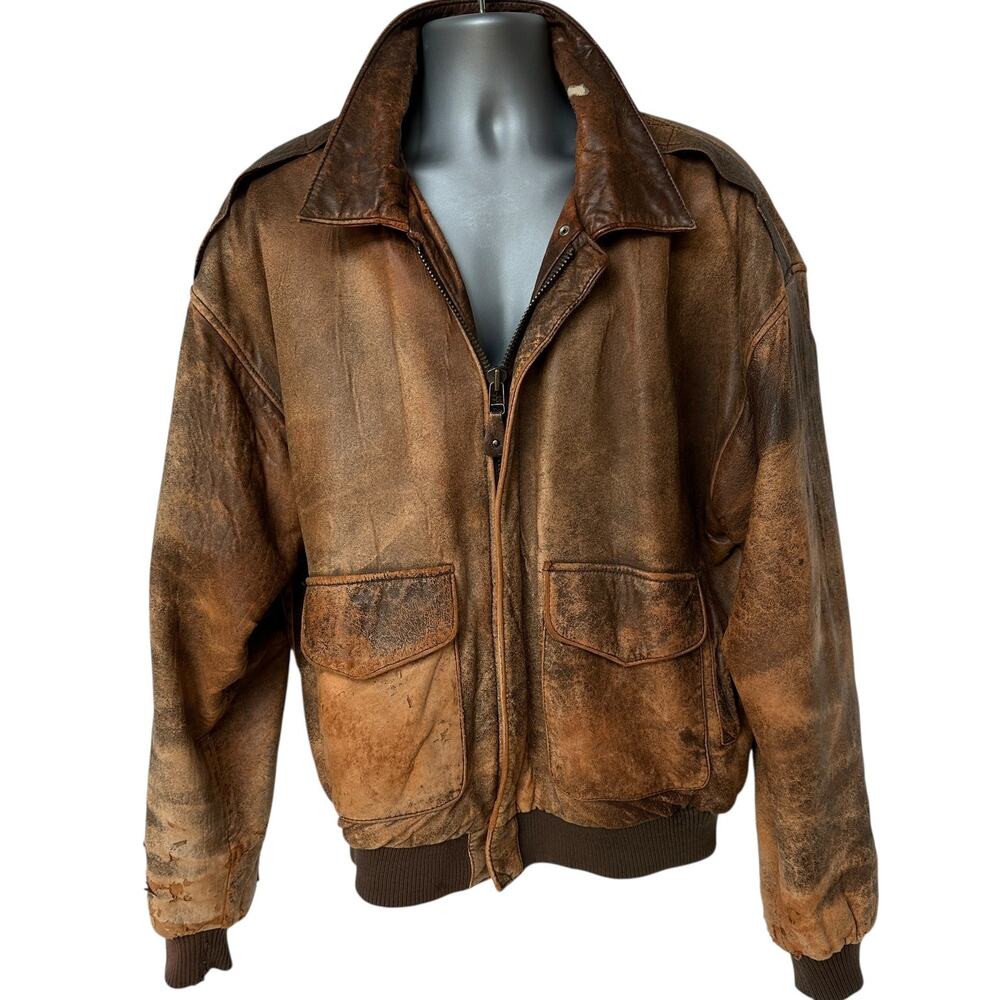Vintage G-III Bomber Jacket Brown Leather Distressed Destroyed Men's Size Large